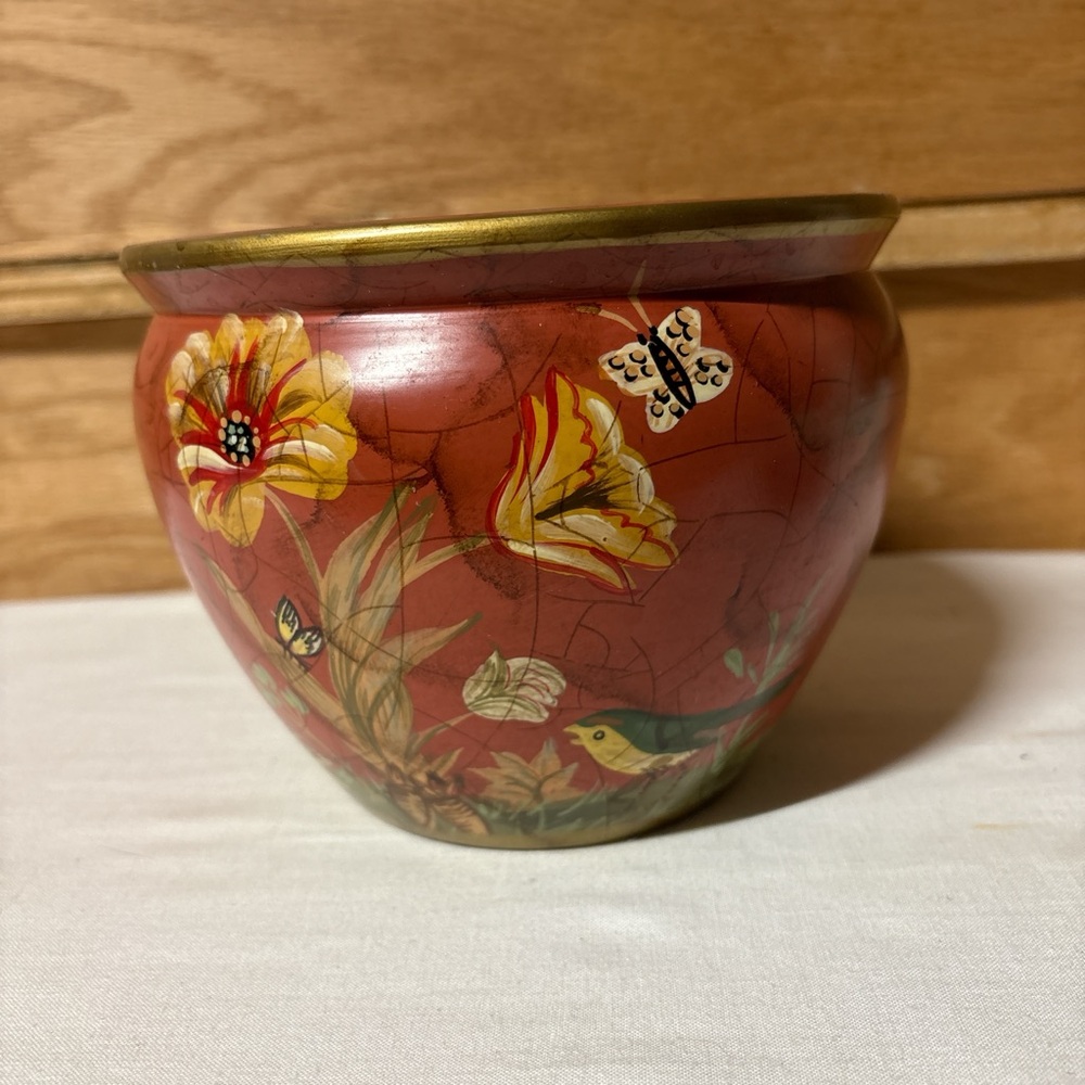 Asian Floral Red Decorative Pottery Planter Pot golden Trims